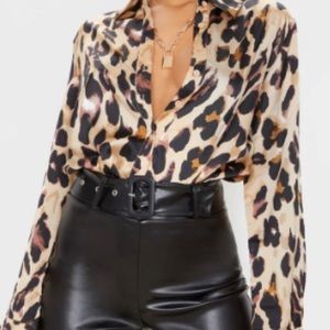 PrettyLittleThing Leopard Satin Oversized Shirt